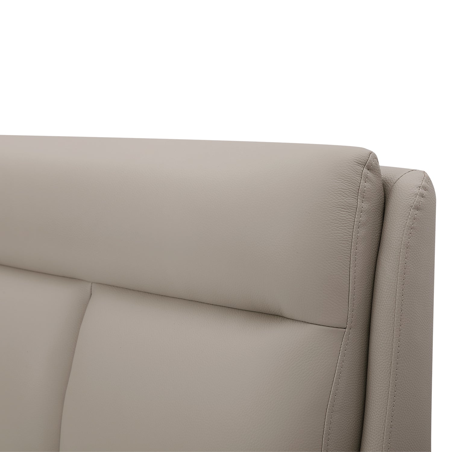 Close-up of beige leather headboard of DeRUCCI bed frame showcasing material quality and craftsmanship