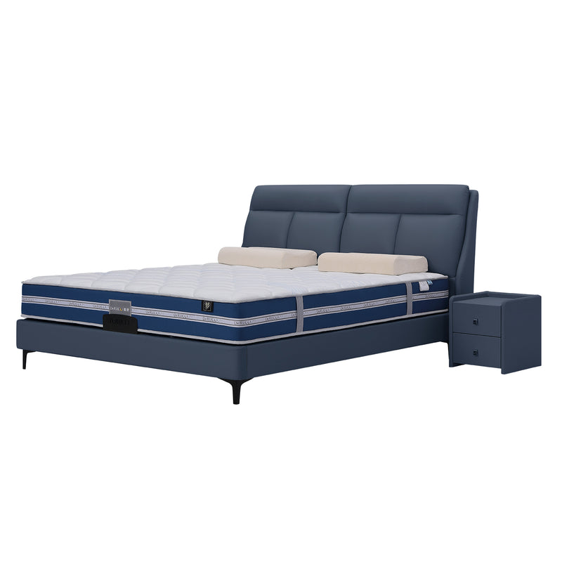 DeRUCCI Bed Frame BOC1-002 in blue leather with padded headboard, blue mattress, beige pillows, and matching blue nightstand with drawers.