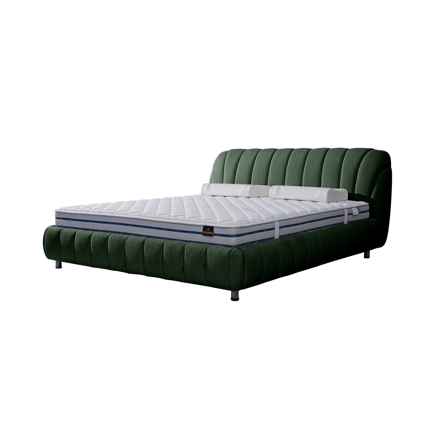 Green upholstered bed frame BOC1 - 015 with tufted headboard and white quilted mattress epitomizing luxury and comfort