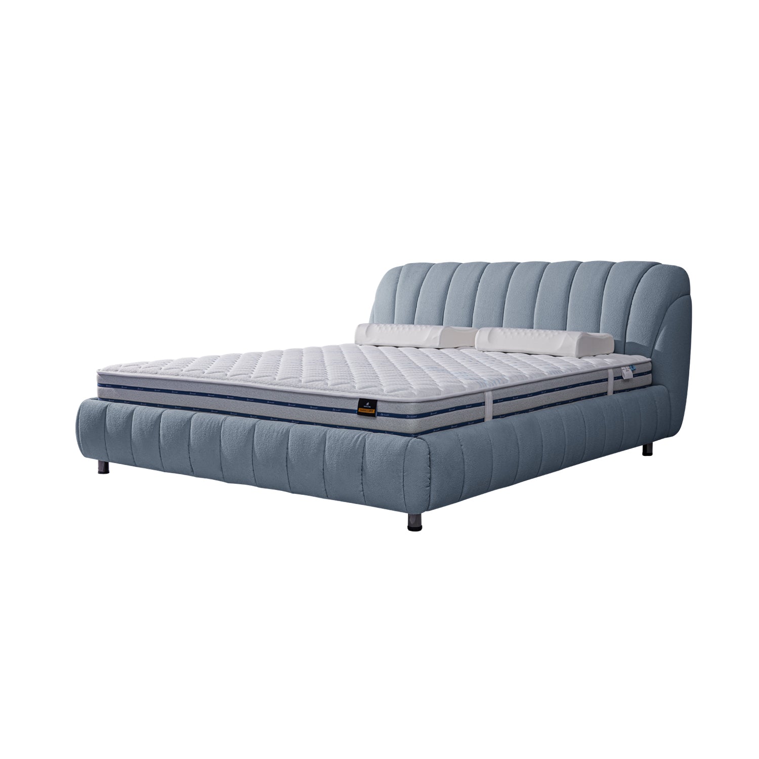 DeRUCCI BOC1 - 015 bed frame with blue upholstered design, quilted headboard and base, and white textured mattress with two pillows.