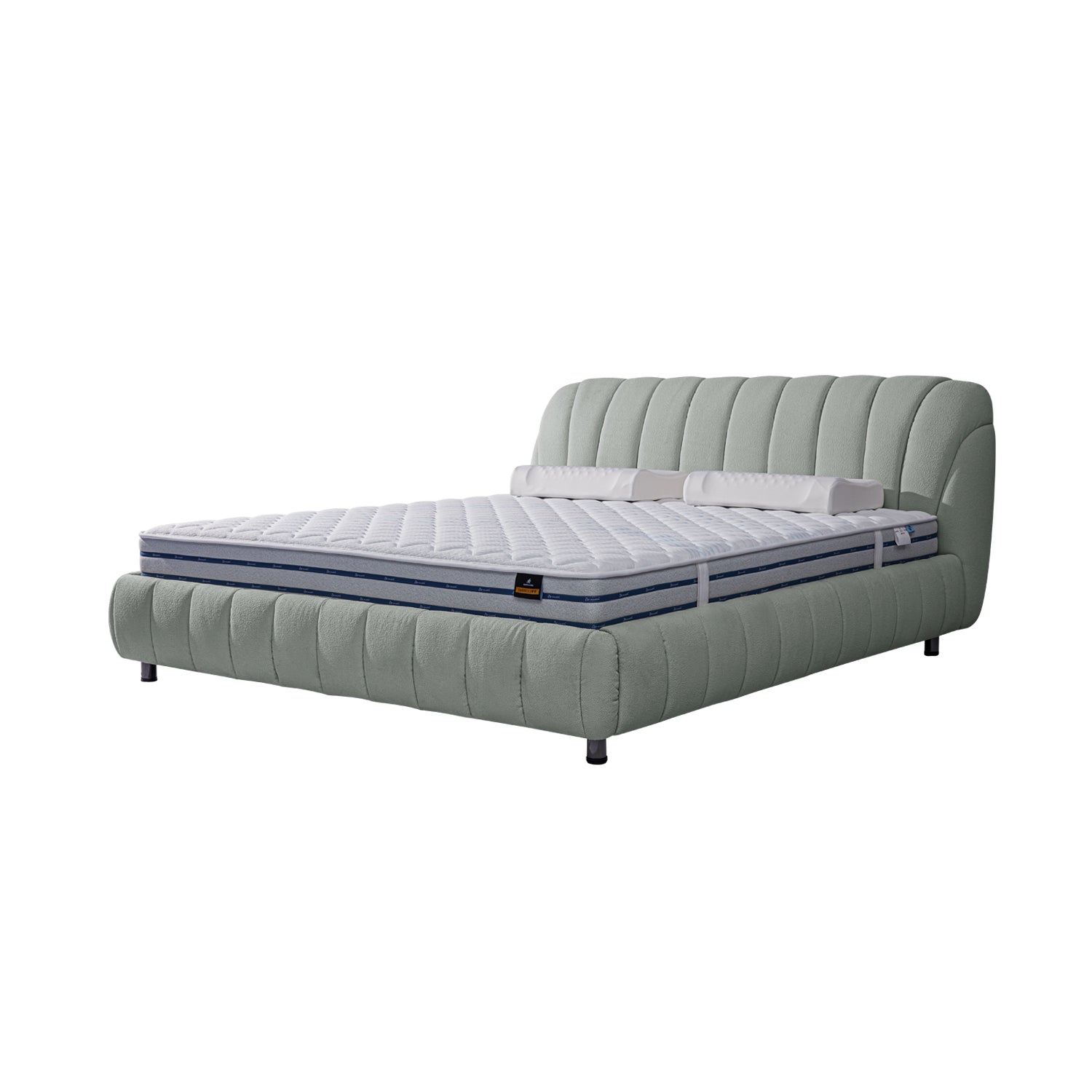 DeRUCCI BOC1 - 015 bed frame in light grey fabric with a padded headboard and low-profile footboard, featuring a quilted mattress and two pillows, offering a stable and quiet platform for sleep.