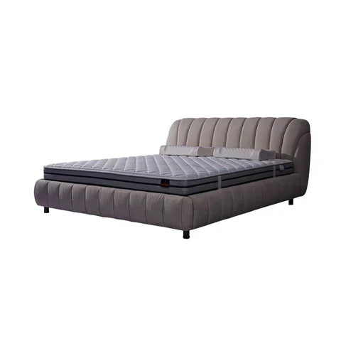 Modern upholstered wooden bed frame with a sleek gray design and a comfortable mattress