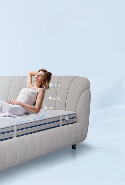 Woman relaxing on Mousse mattress and bed frame