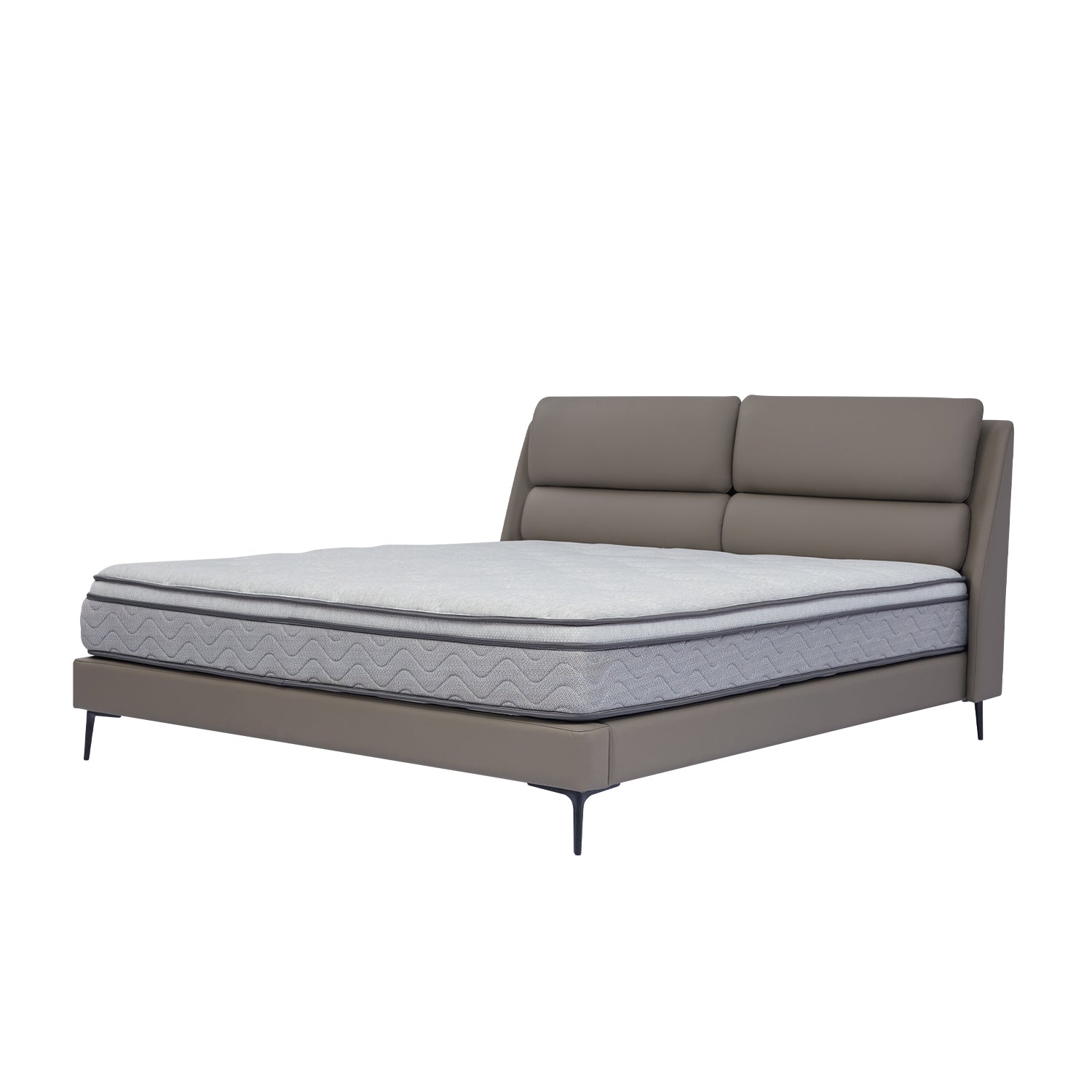 DeRUCCI bed frame BOC1 - 019 with grey upholstered headboard and base, matching mattress, and black legs, featuring a sleek modern design