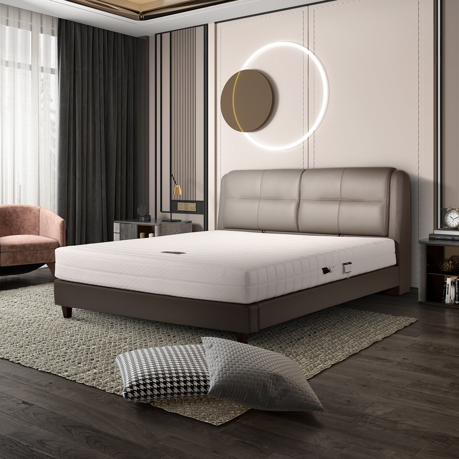 Modern bedroom featuring DeRUCCI Bed Frame BZZ4 - 243 with minimalist design and clean lines, upholstered in grey leather, complemented by cozy pillows and contemporary decor.