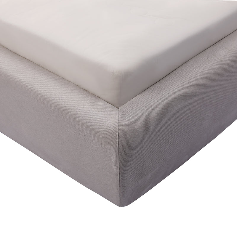 Close-up of the Bed Frame BZZ4-082 corner, featuring light gray fabric material and a modern minimalist design