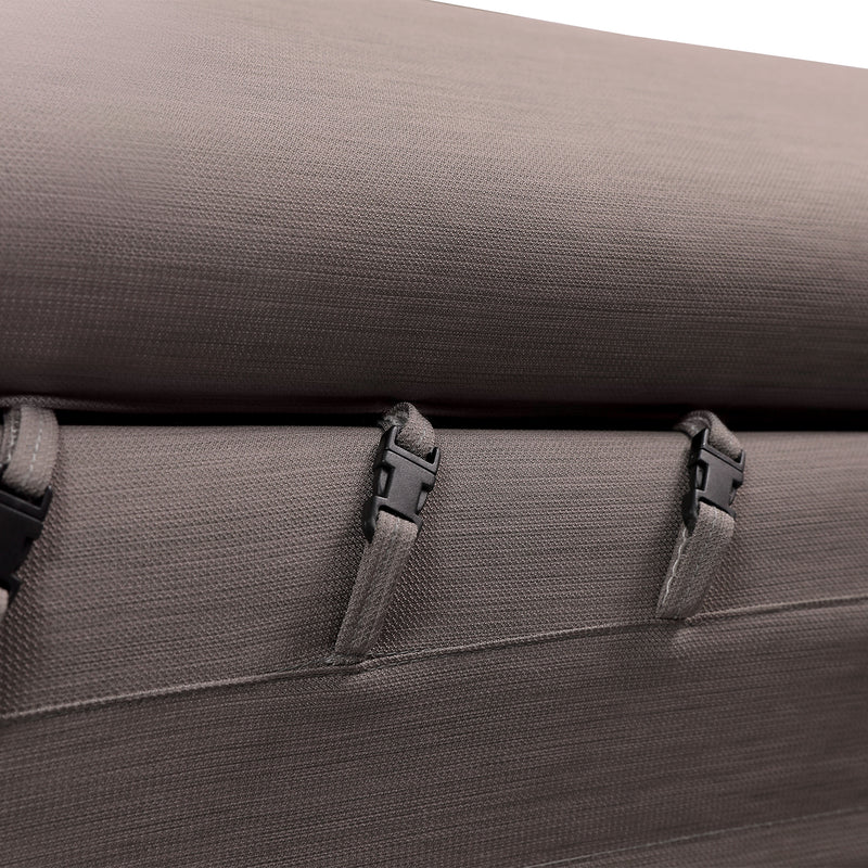 Close-up of DeRUCCI Bed Frame BZZ4 - 093C showing secure fastening straps and textured fabric ensuring sturdy construction.