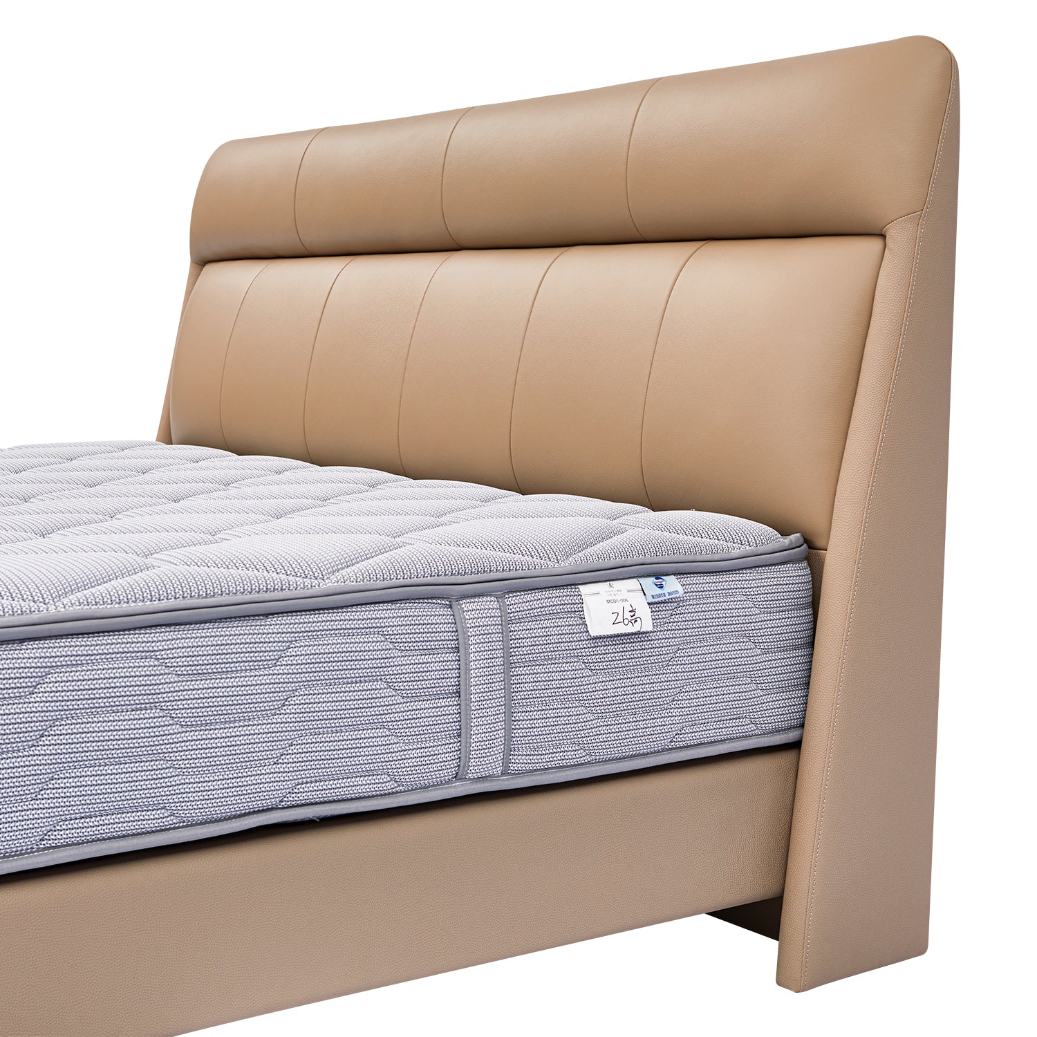 DeRUCCI bed frame BOC1 - 011 with beige leather upholstered headboard and light gray textured mattress cover