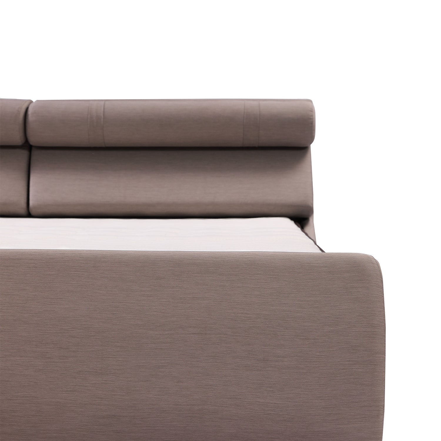 Close-up of the headboard and frame of the DeRUCCI Bed Frame BZZ4 - 093C with beige fabric upholstery, illustrating its sleek and modern design.