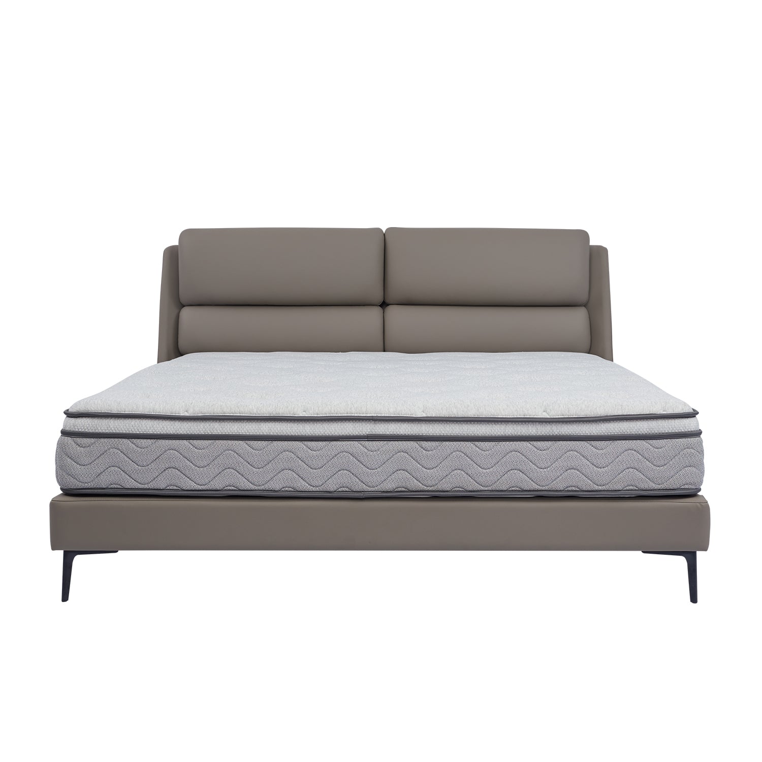DeRUCCI Bed Frame BOC1 - 019 with a taupe leather padded headboard and grey mattress, featuring a modern and sleek design with slim black legs.