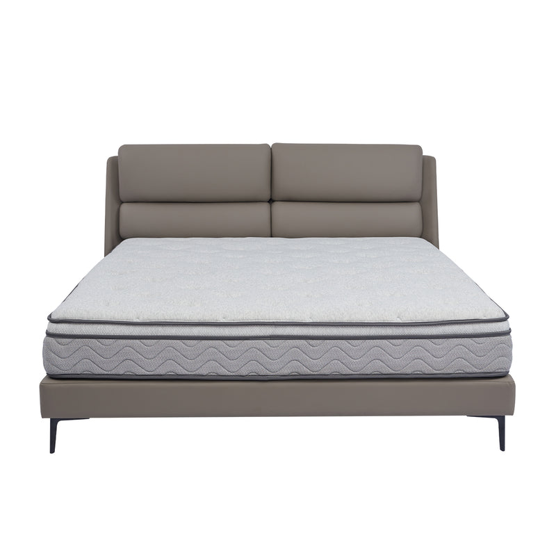 Modern gray bed frame with cushioned headboard and quilted mattress from DeRUCCI