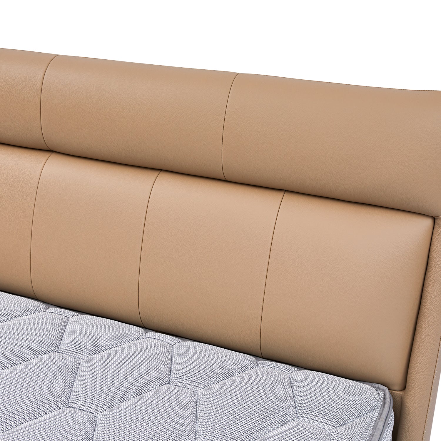Beige leather upholstered headboard with padded sections and partial view of mattress with hexagonal pattern for Bed Frame BOC1 - 011