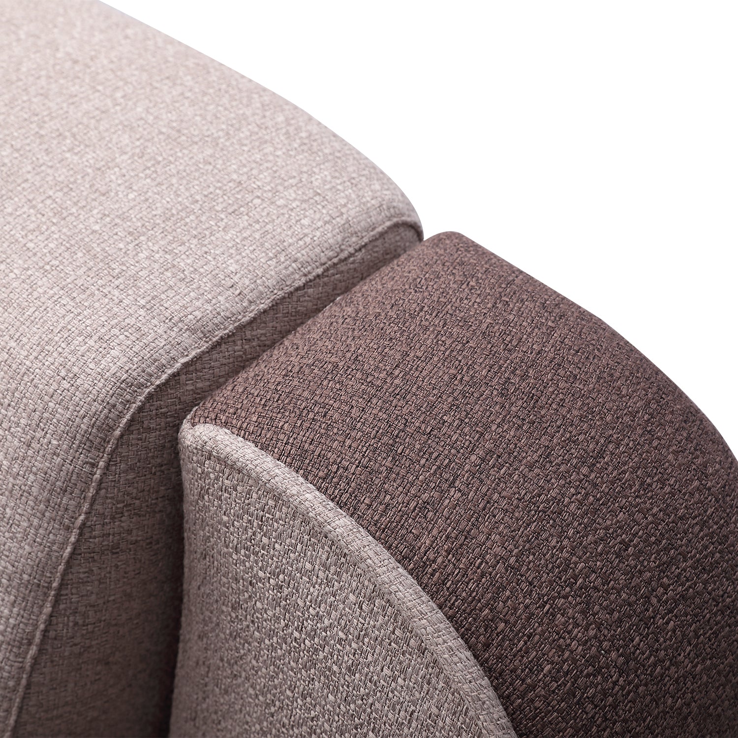 Close-up of DeRUCCI's bed frame upholstery in light beige and dark brown fabric, highlighting the texture and quality.
