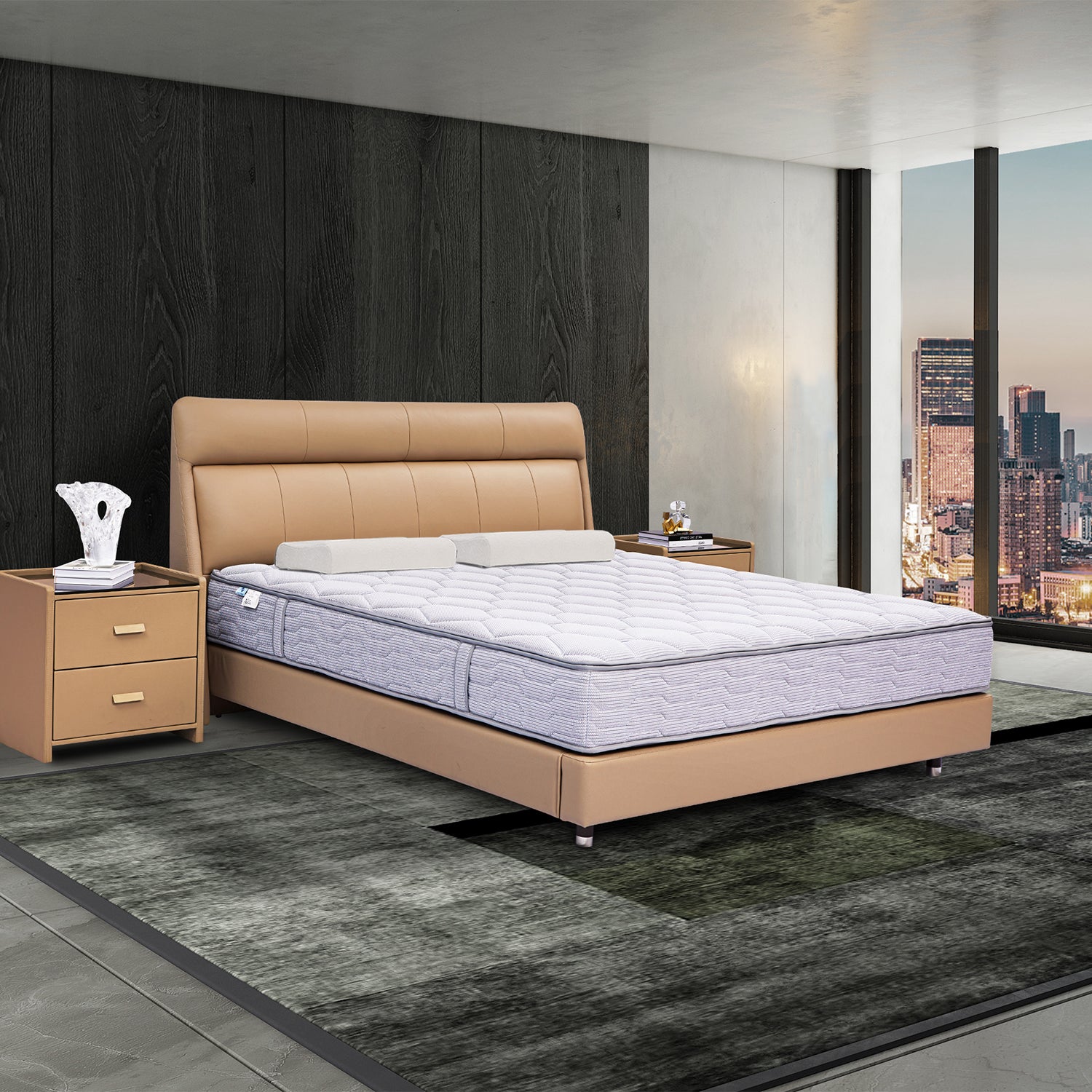 Modern tan leather bed frame BOC1 - 011 by DeRUCCI with white mattress in a stylish bedroom with cityscape window view and bedside tables