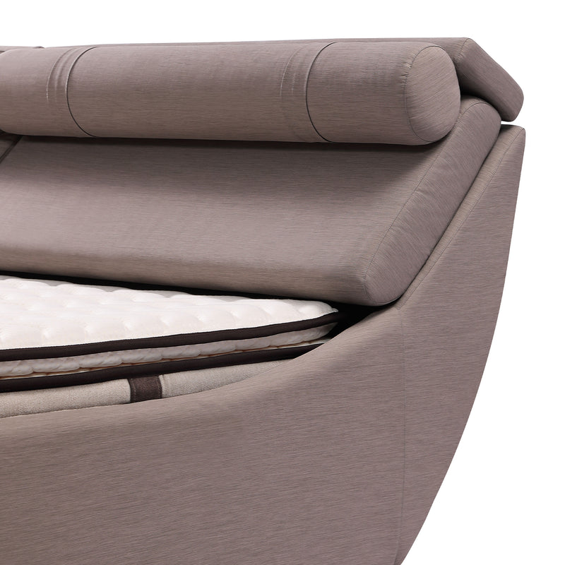 Close-up of DeRUCCI Bed Frame BZZ4 - 093C with padded headrest and mattress, showcasing sleek design and modern aesthetics.