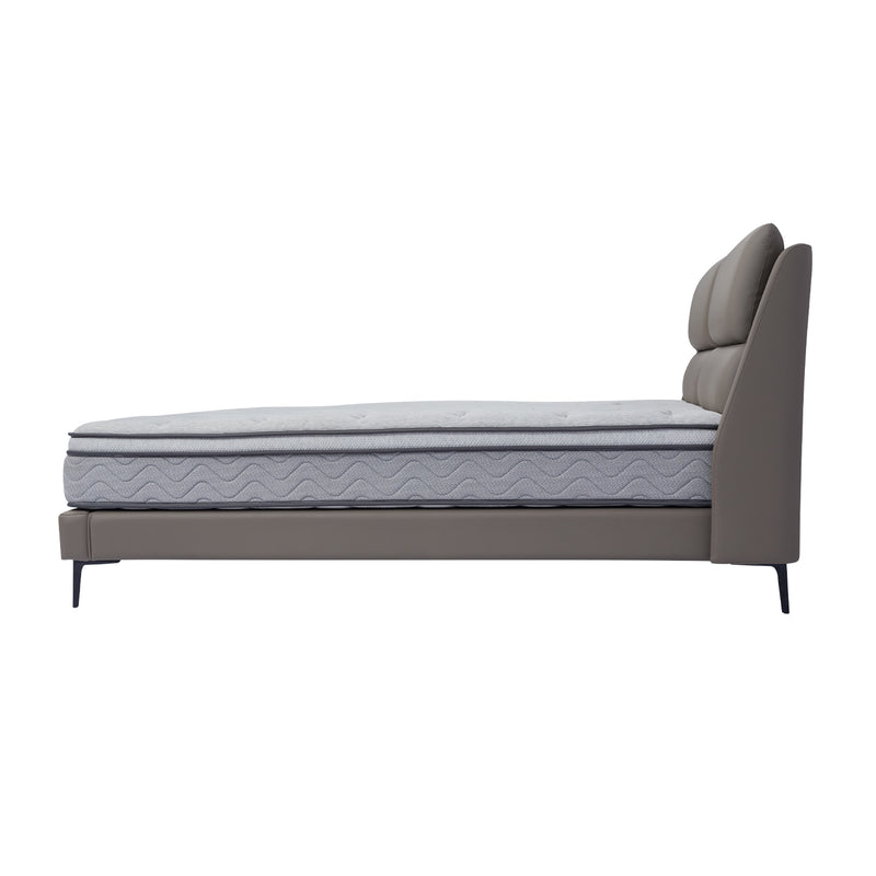 DeRUCCI BOC1-019 bed frame in leather with cushioned headboard and sturdy legs, paired with a high-quality mattress.