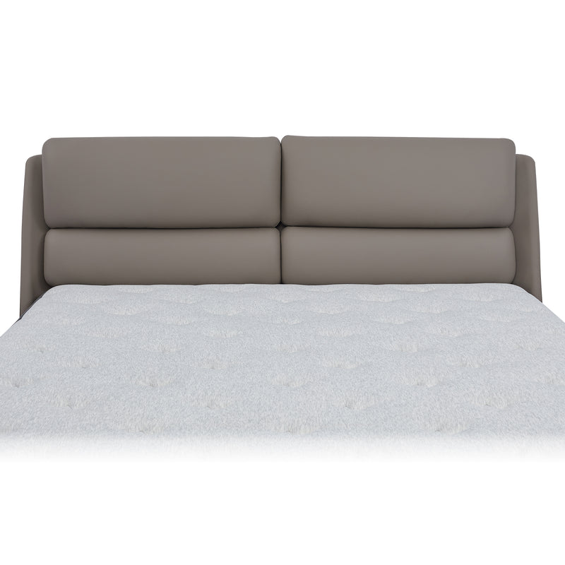 DeRUCCI Bed Frame BOC1-019 with a gray leather headboard and white mattress