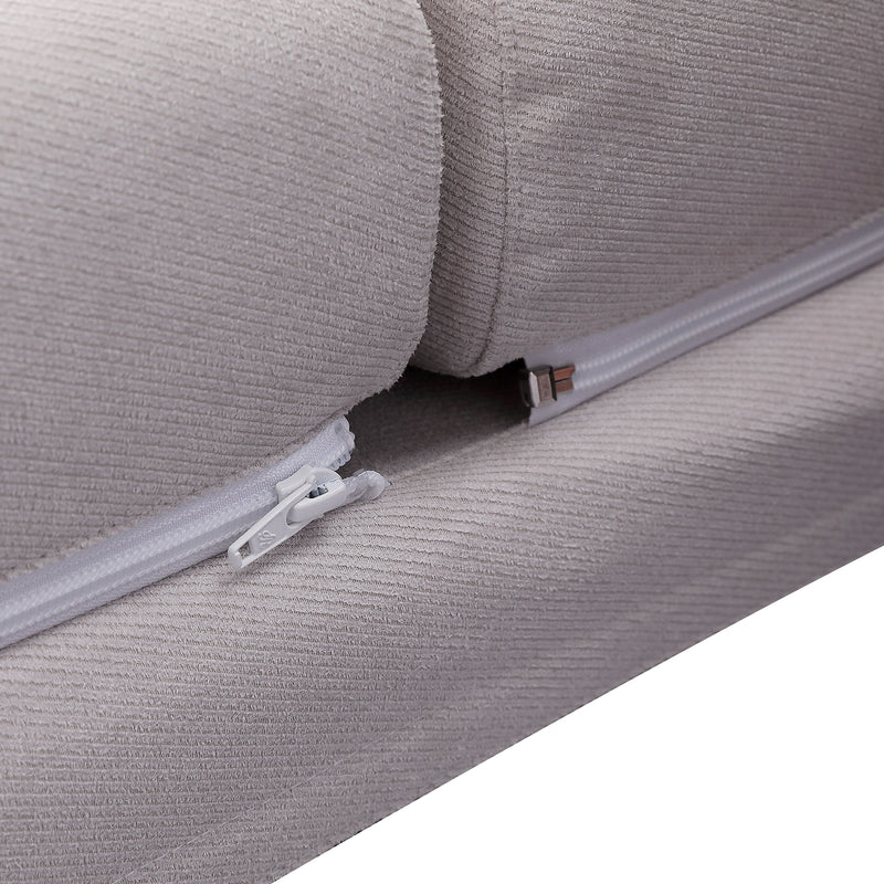 Close-up of light grey fabric upholstered bed frame with a white zipper detail, part of DeRUCCI's Bed Frame BZZ4 - 082 highlighting modern minimalist design.