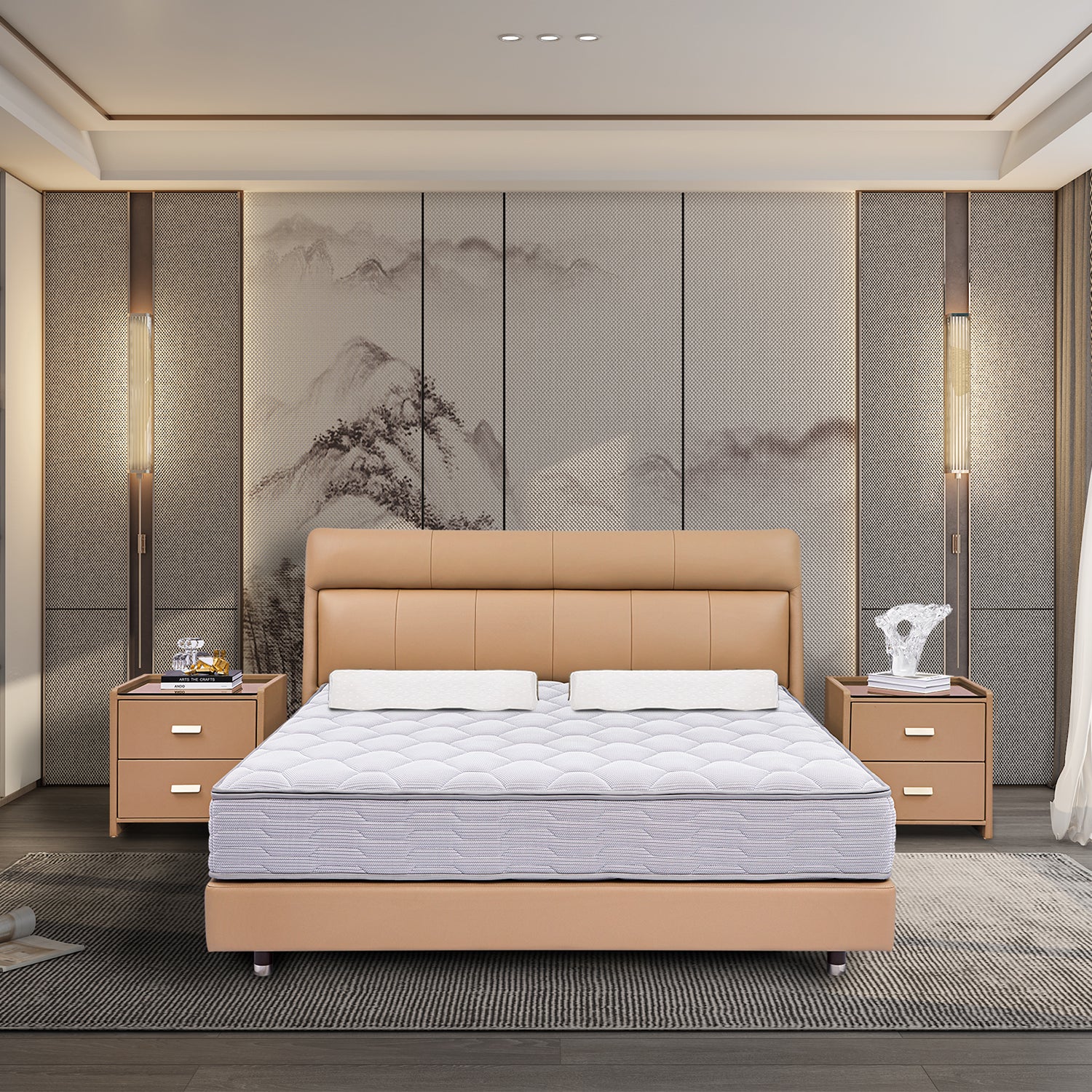 Modern bedroom setup with bed frame BOC1-011, tan upholstered headboard, two side tables with drawers and modern table lamps