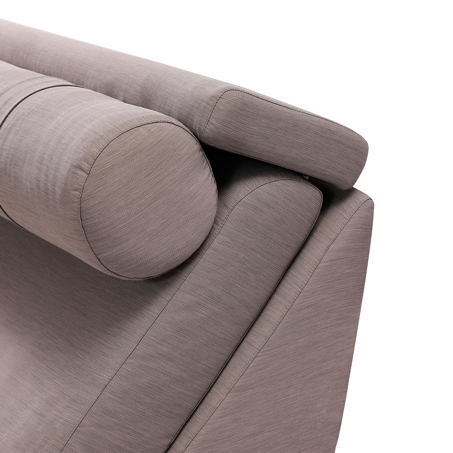 Close-up of DeRUCCI bed frame BZZ4 - 093C, featuring a cylindrical headrest in a neutral fabric.