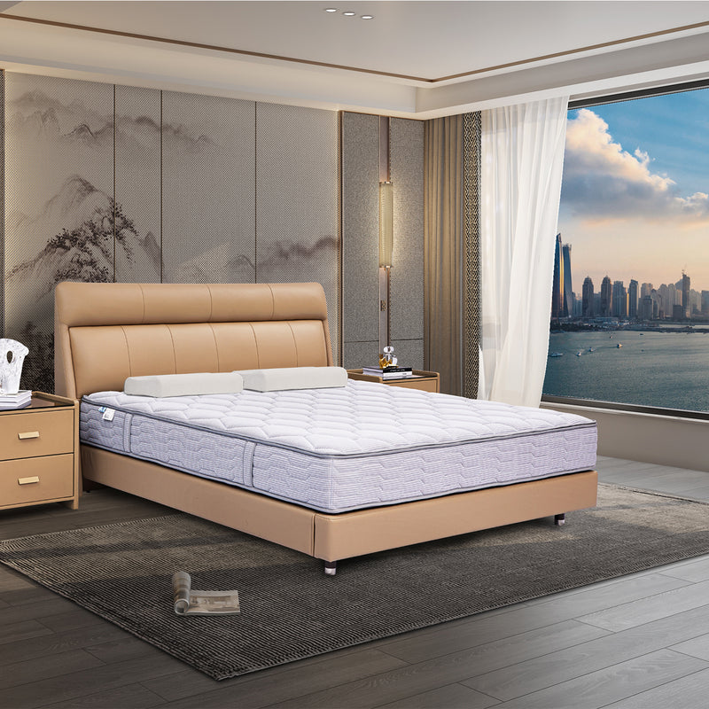 Modern bedroom with beige leather bed frame, padded headboard, comfortable mattress, scenic city skyline view, artistic wallpaper, and wooden nightstands.