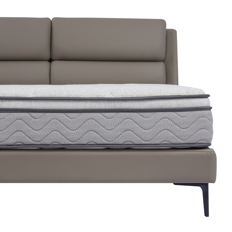 Modern bed frame BOC1-019 with beige upholstered headboard and grey mattress with wavy pattern, designed for comfort and elegance.