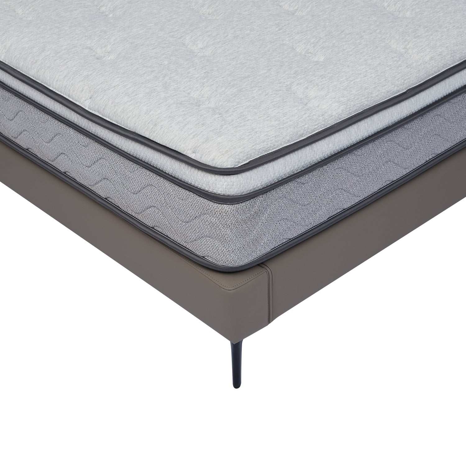 Close-up of DeRUCCI Bed Frame BOC1 - 019 corner, showing modern design, sturdy frame, metal legs, and light gray layered mattress.