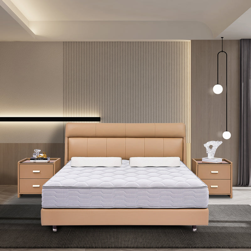 Modern bedroom featuring DeRUCCI Bed Frame BOC1 - 011 with beige leather upholstery, mattress, two pillows, matching nightstands with lamps, and decorative items. Contemporary wall panel design in the background.