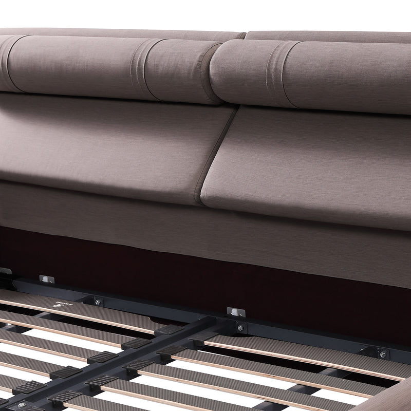 Close-up view of DeRUCCI Bed Frame BZZ4 - 093C showing the light brown upholstered headboard and the sturdy slat support system.