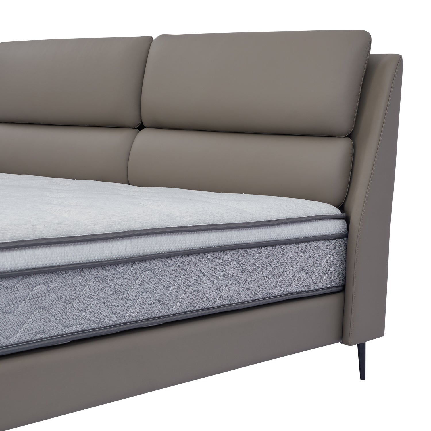 Close-up view of DeRUCCI Bed Frame BOC1 - 019 with grey padded headboard and mattress, showcasing modern design and comfort
