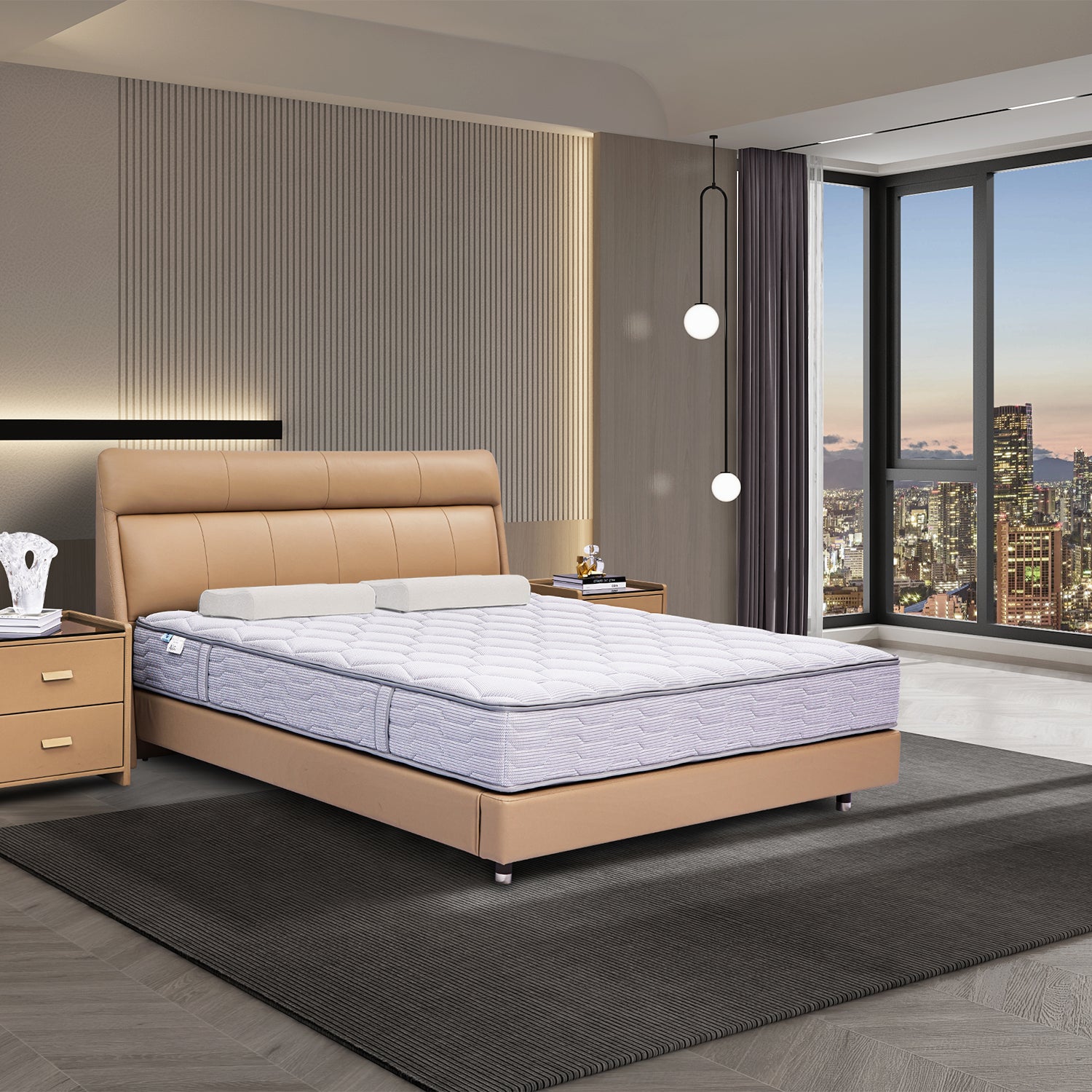 DeRUCCI Bed Frame BOC1 - 011 in a luxurious modern bedroom with light-colored leather headboard, beige nightstands, and cityscape view from the window