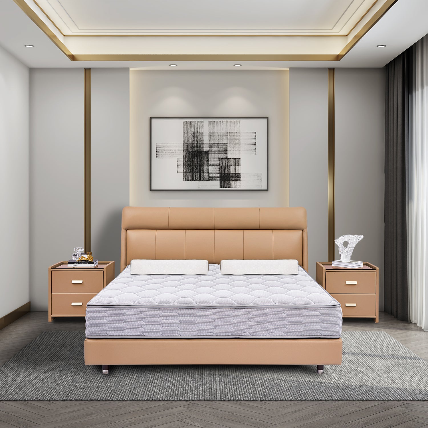Modern bedroom featuring a tan leather bed frame with a white mattress, abstract black and white artwork above the bed, matching tan nightstands with decorative items, and a neutral color palette with gold accents.