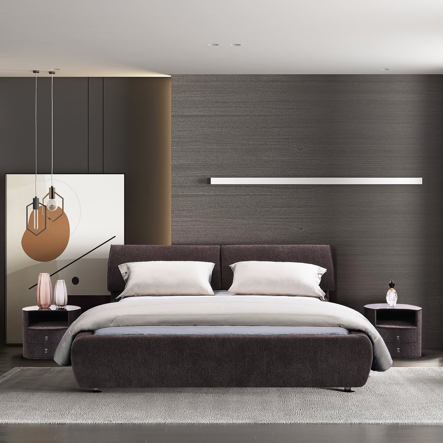 Bed Frame BZZ4-117 in a modern bedroom setting with dark gray fabric upholstery, matching nightstands, white pillows, light gray comforter, pendant lights, abstract wall art, and a textured dark wall.