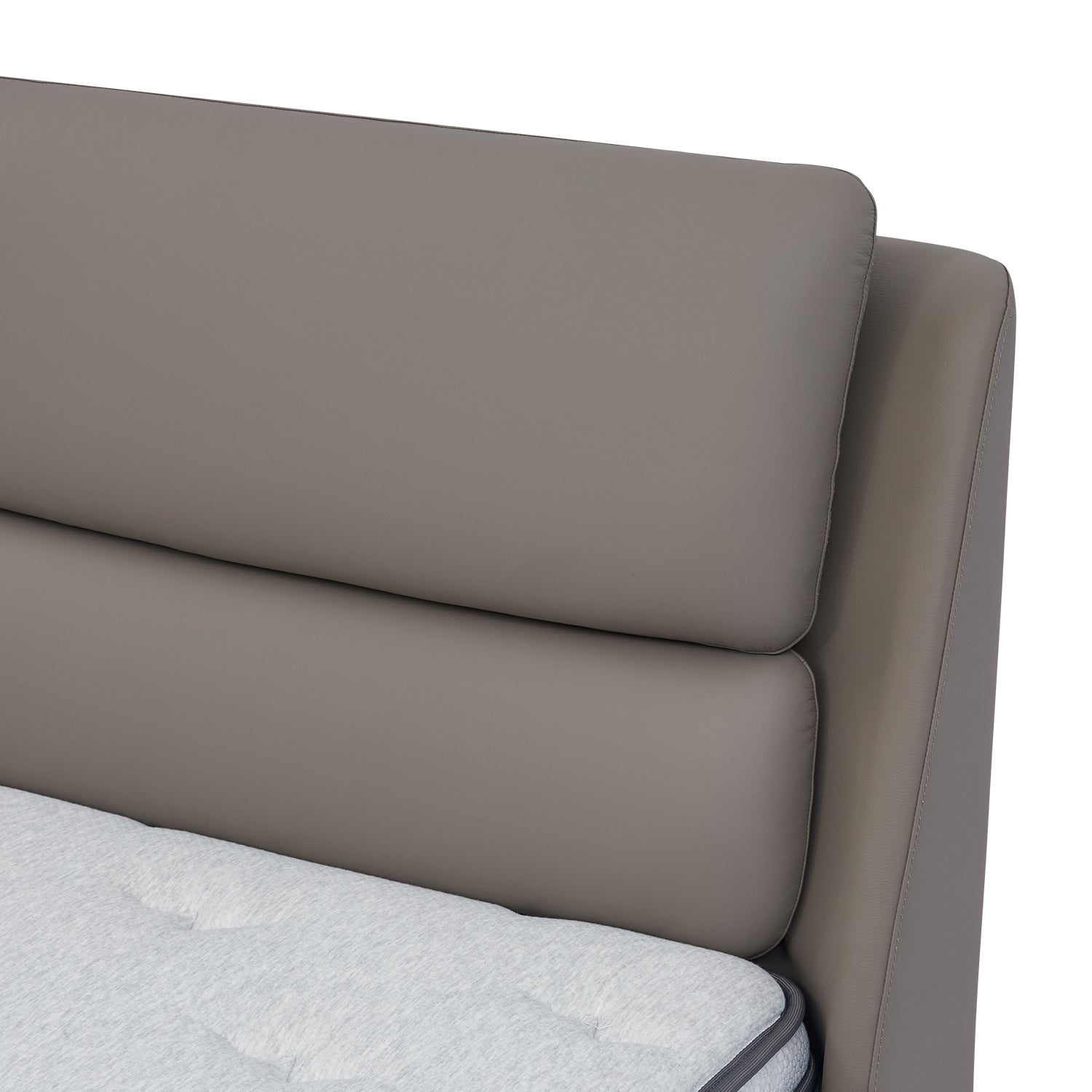 Close-up of Bed Frame BOC1 - 019 headboard with plush, light grey cushions and grey mattress from DeRUCCI