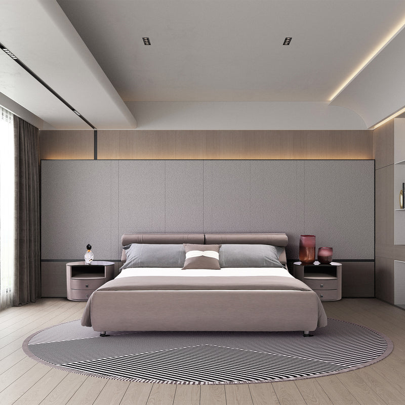 Modern bedroom with DeRUCCI Bed Frame BZZ4 - 093C, featuring a sleek headboard, side tables, decorative items, and a circular rug, showcasing minimalist design and elegance.