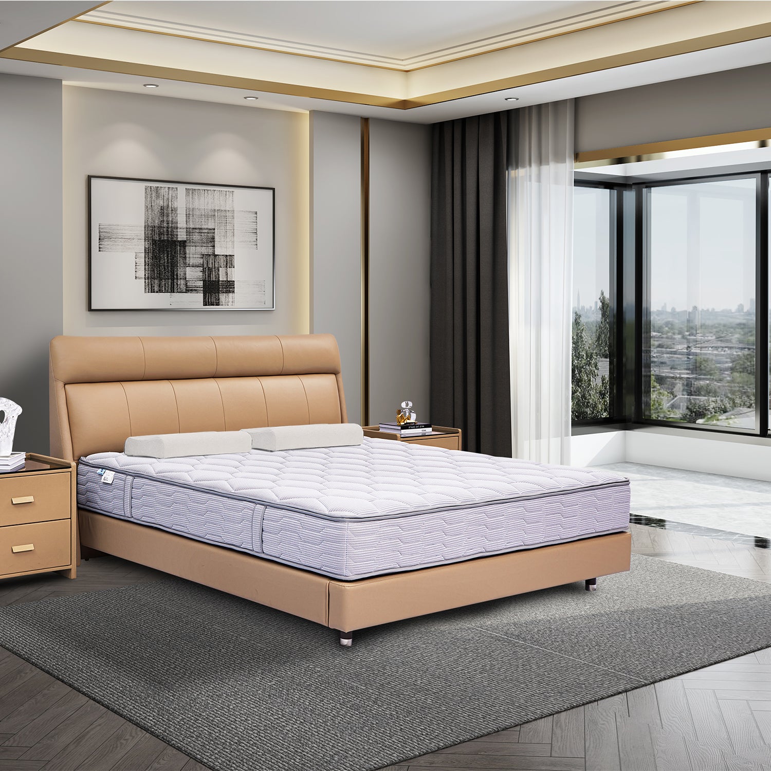 Modern bedroom with beige leather bed frame and comfortable mattress, flanked by wooden nightstands, large window with curtains, dark grey rug, and abstract artwork on the wall.