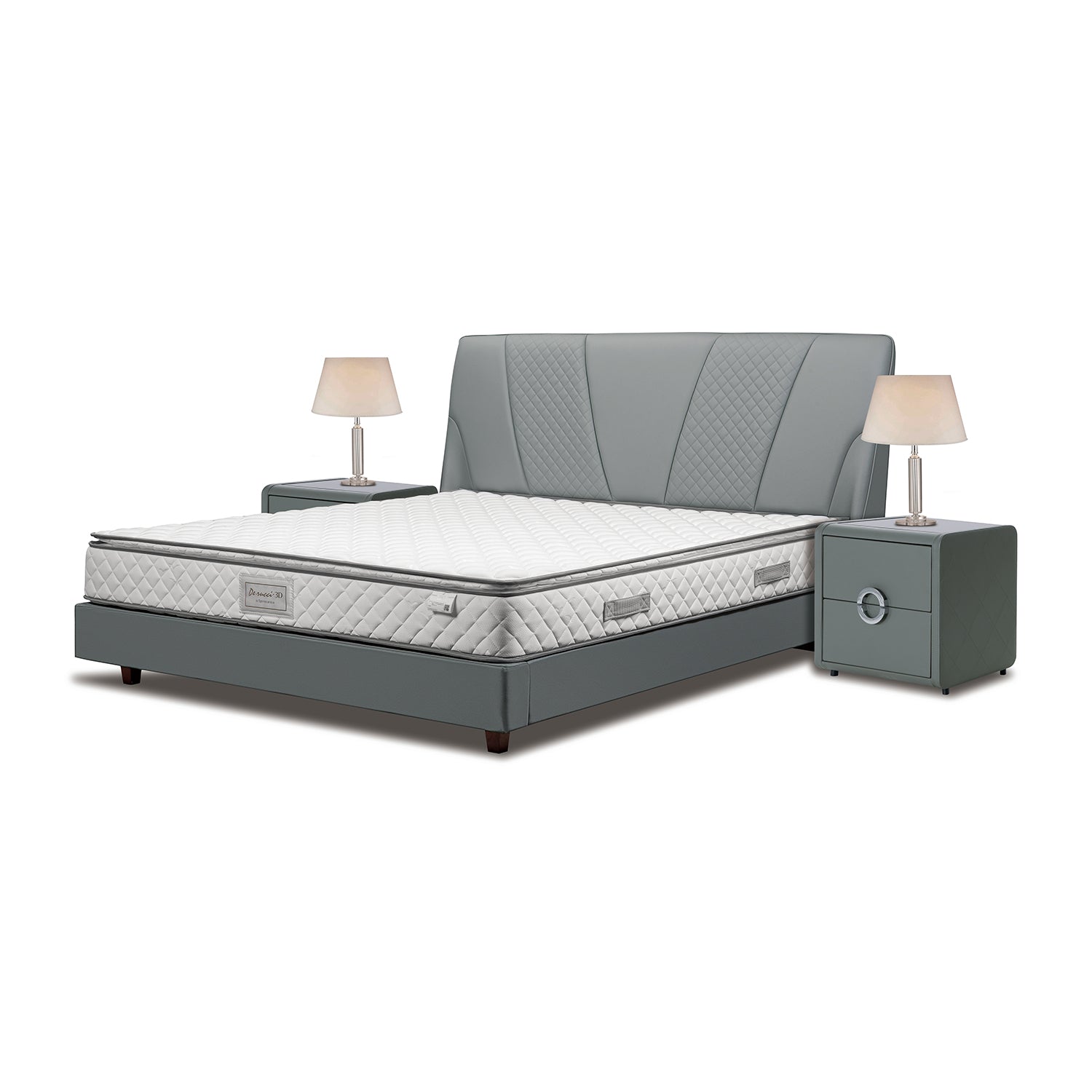 DeRUCCI bed frame BOC1-005 with grey upholstered headboard, white mattress, and bedside tables with lamps