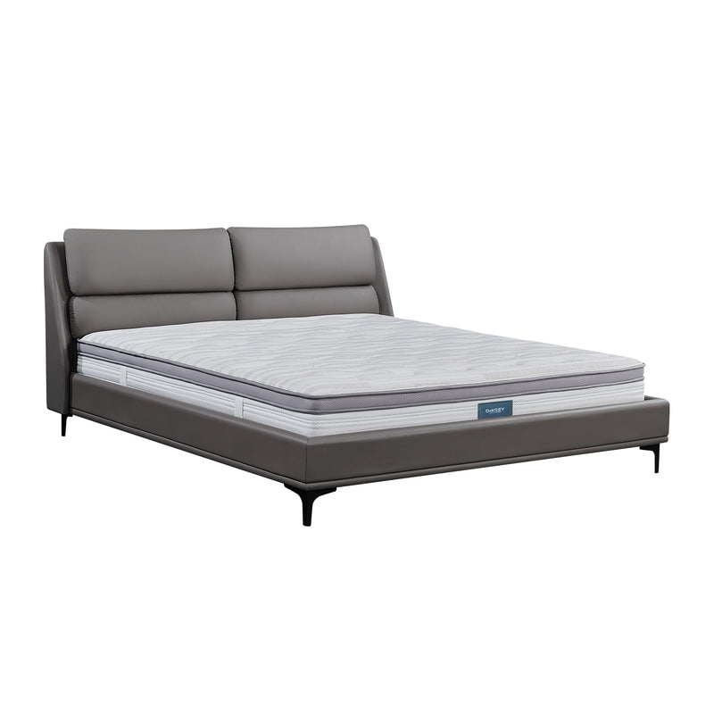 DeRUCCI Bed Frame BOC1 - 019 with grey upholstered headboard, padded cushions, sturdy base, and high-quality mattress
