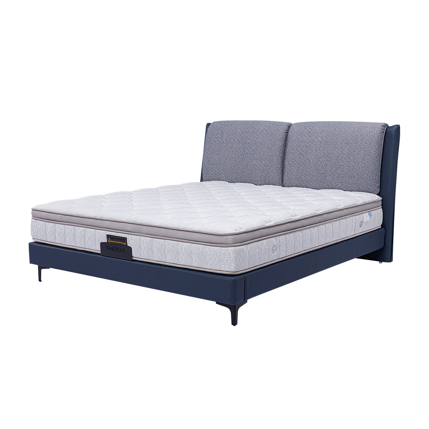 DeRUCCI Bed Frame BOC1-017 with cushioned grey fabric headboard and dark blue base, featuring a high-quality mattress with DeRUCCI branding.