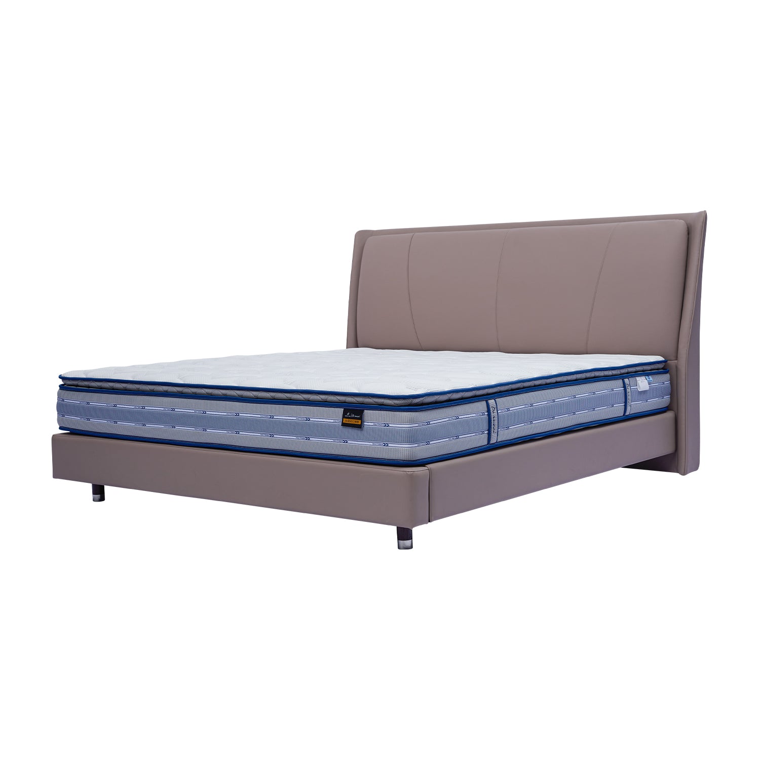 DeRUCCI Bed Frame BOC1-018 with beige leather headboard and sides, paired with a blue and white mattress, highlighting modern and sturdy design.