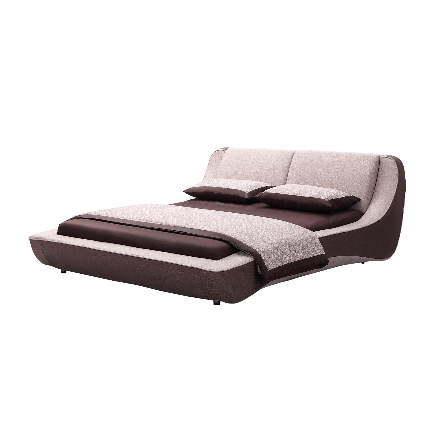 Stylish bed frame BZZ4 - 198 with beige cushions and brown exterior, inspired by sports car design, featuring a bold color contrasting design. Includes matching brown and beige pillows and blankets.