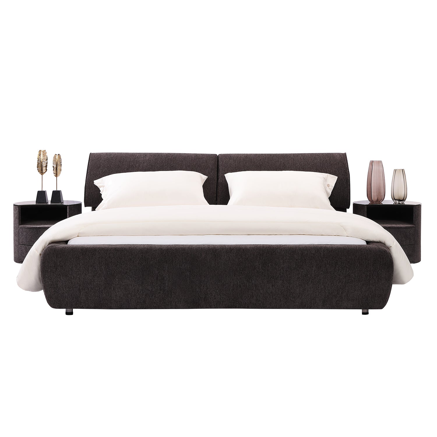 DeRUCCI Bed Frame BZZ4 - 117 with dark fabric frame and soft cushion headboard, adorned with white bedding and flanked by black nightstands with modern lamps.