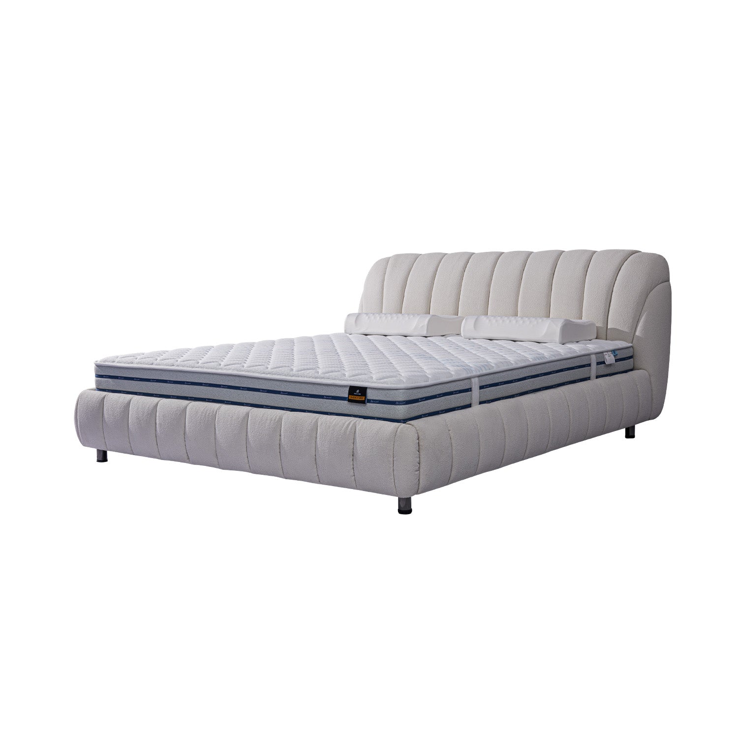White leather bed frame BOC1 - 015 with quilted mattress and pillows, modern design with curved headboard, sturdy platform for quiet and stable sleep.