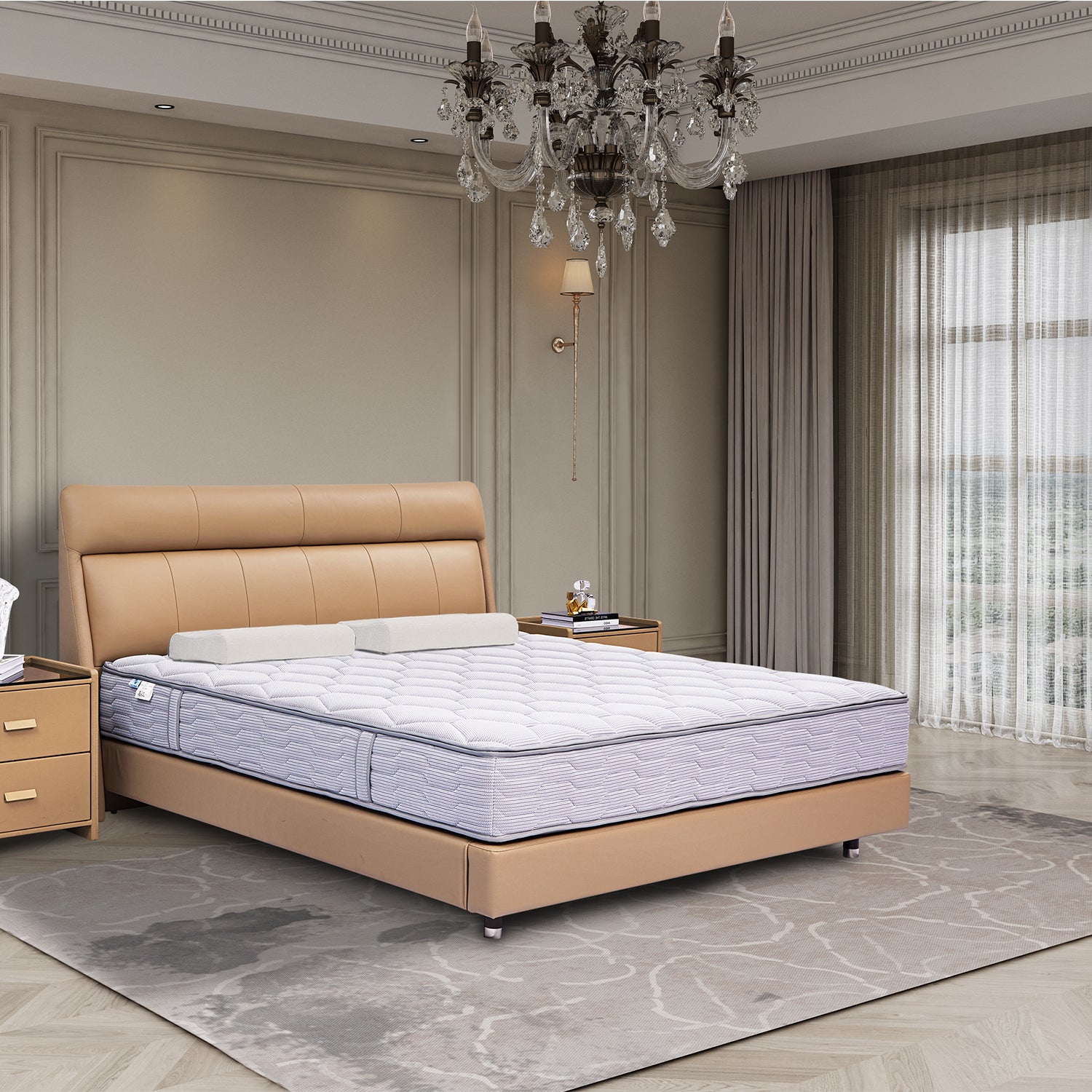 DeRUCCI Bed Frame BOC1 - 011 in beige leather with a white mattress in a modern bedroom with wooden nightstands, chandelier, and grey patterned rug.