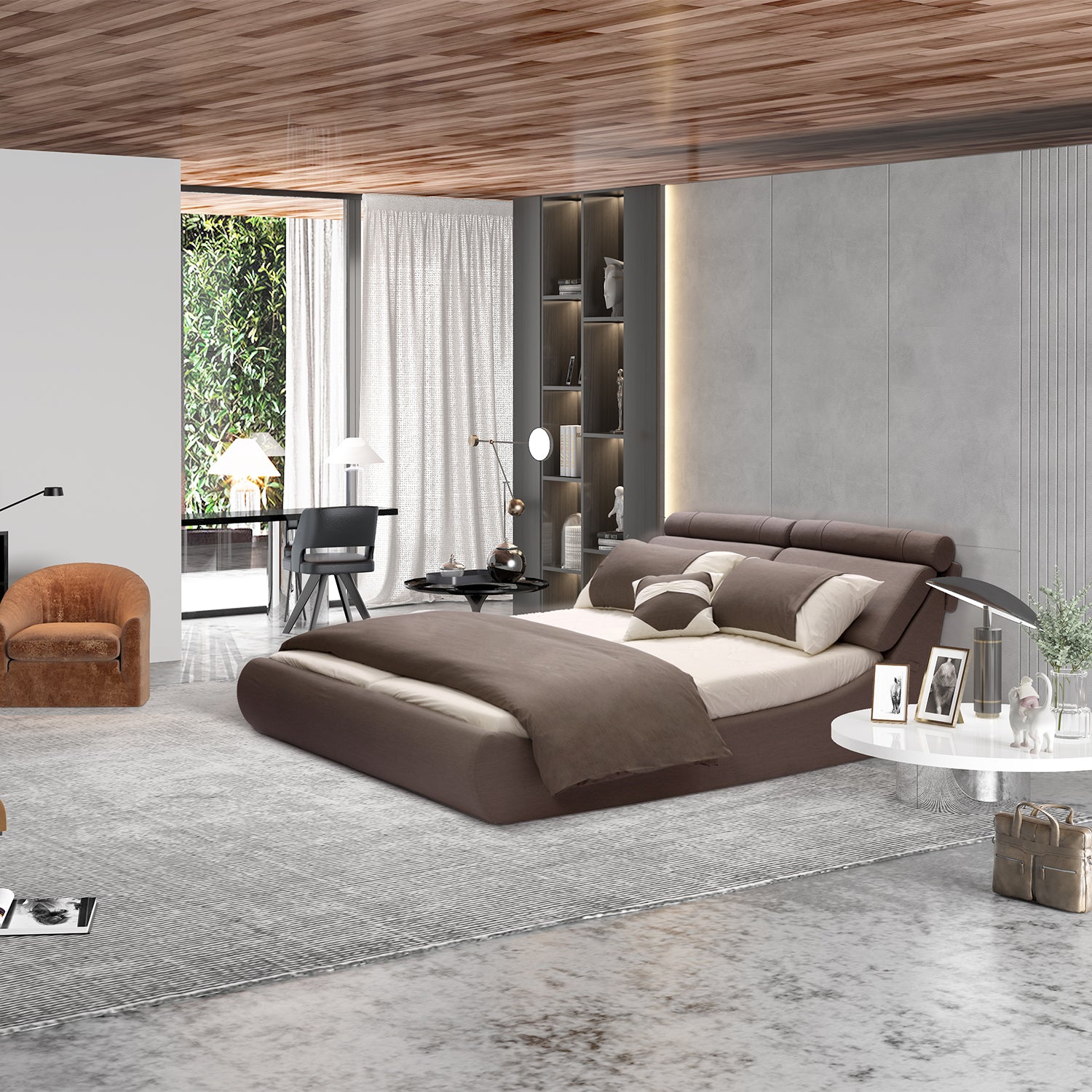 Modern spacious bedroom with sleek brown Bed Frame BZZ4 - 093C featuring clean lines, a cozy armchair, study desk by the window, and white round side table with plants and framed pictures.