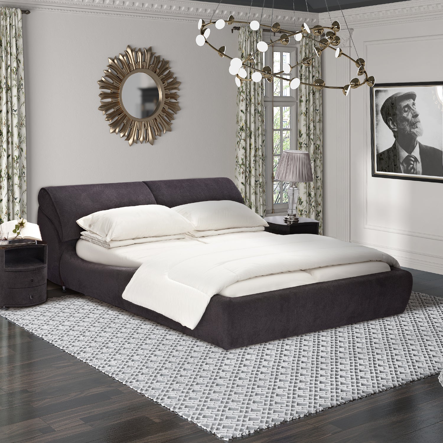 DeRUCCI Bed Frame BZZ4 - 117 in a modern bedroom with dark fabric upholstery, white bedding, gold-framed mirror, patterned rug, curtains, stylish chandelier, and framed art.