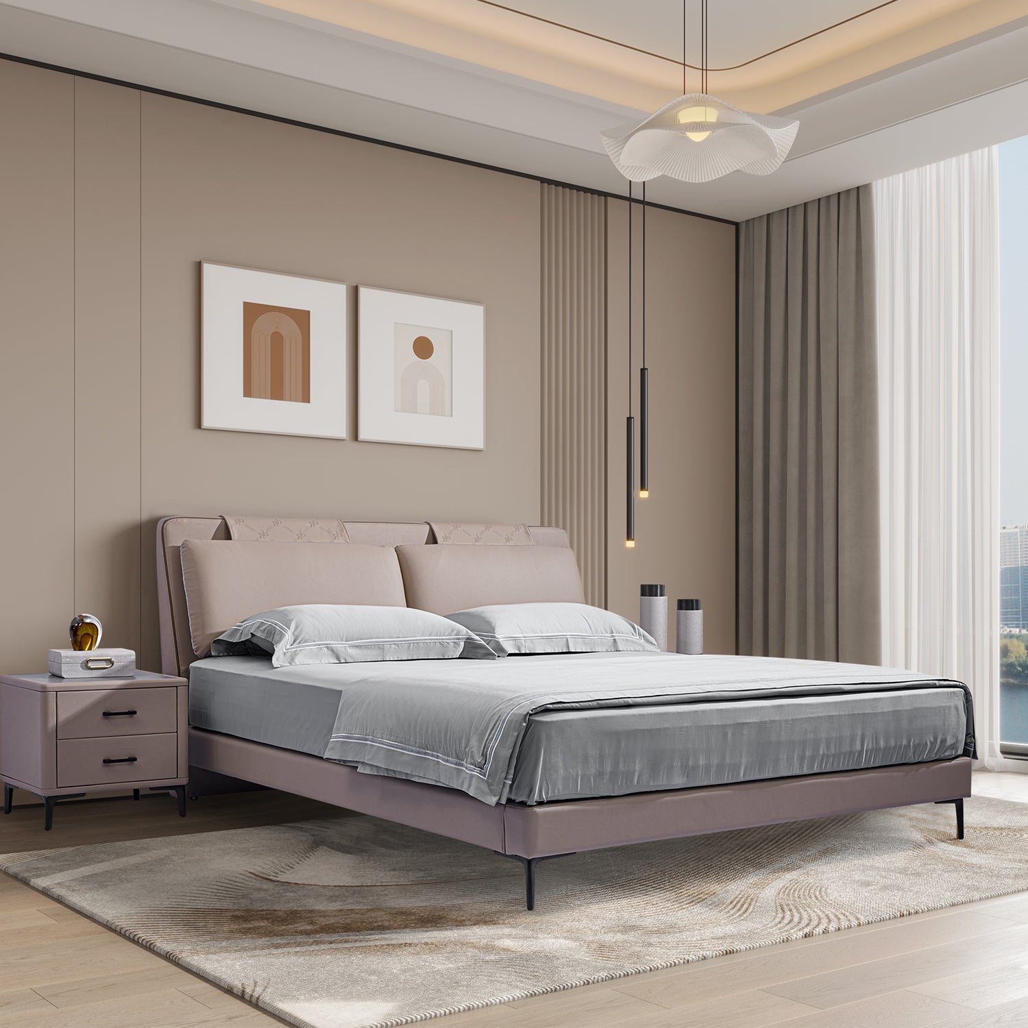 DeRUCCI Bed Frame BOC1 - 006 in a modern, minimalistic bedroom setting with abstract art, pendant lights, and a bedside table.