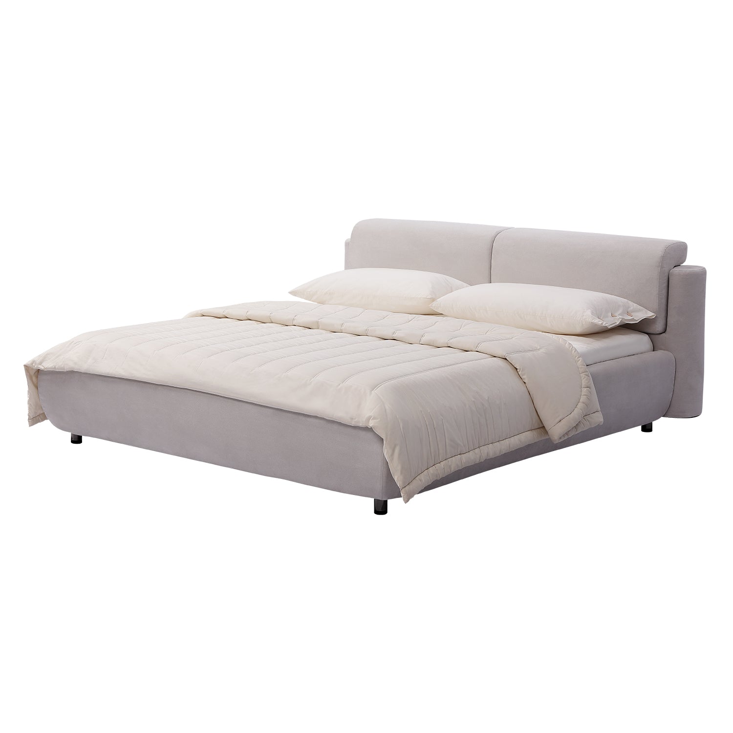 Modern minimalist bed frame BZZ4 - 082 with beige upholstered base, cushioned headboard, and beige bedding by DeRUCCI.