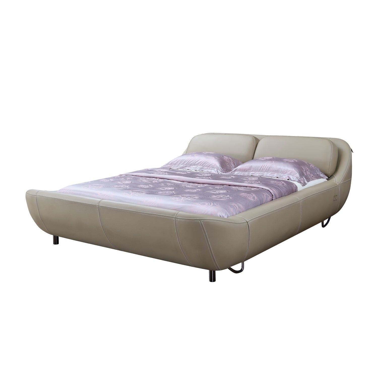 DeRUCCI Bed Frame BZZ4 - 024 with beige leather frame and lavender duvet, inspired by ancient Chinese treasures