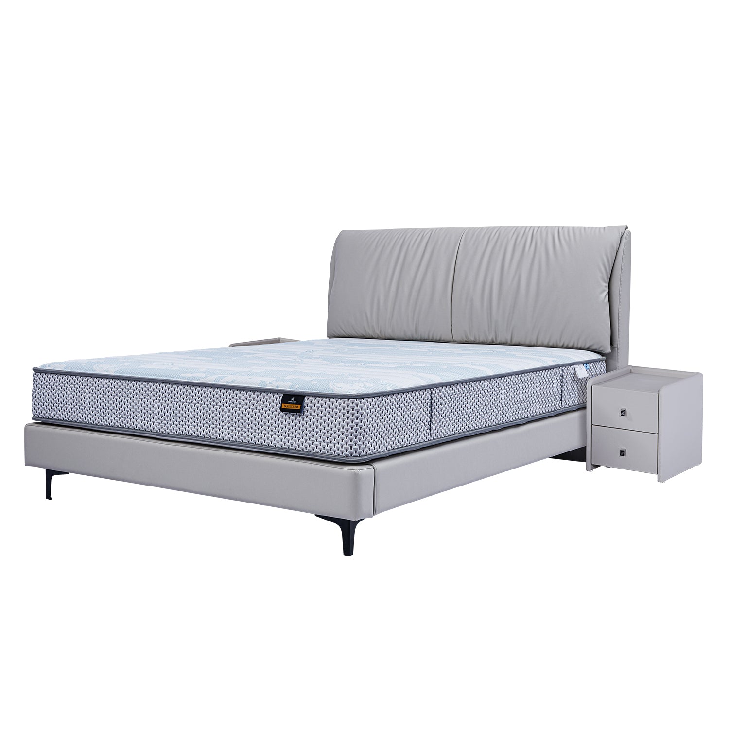DeRUCCI Bed Frame BOC1 - 012 in grey with cushioned headboard and matching mattress, accompanied by a grey bedside table with two drawers